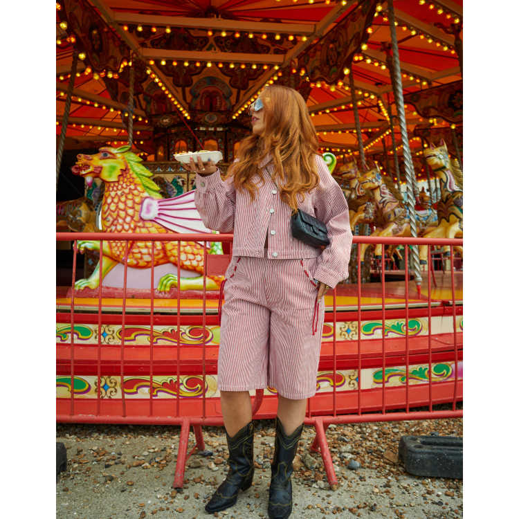 Labelrail x Laura Elizabeth Klein striped denim cropped denim jacket co ord in red ASOS