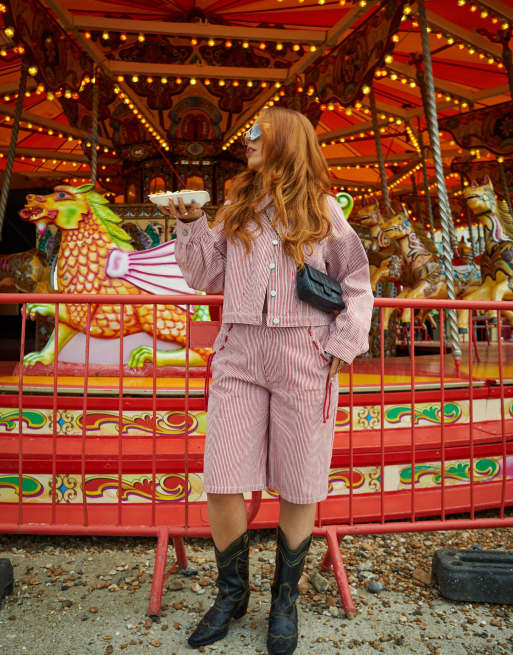 Labelrail x Laura Elizabeth Klein striped denim cropped denim jacket in red (part of a set)