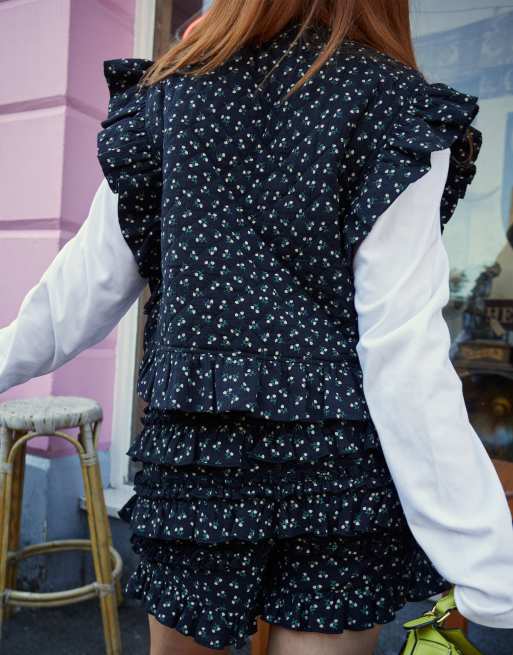 Labelrail x Laura Elizabeth Klein - Veste d'ensemble sans manches matelassée à petites fleurs - Noir, 3 de 4