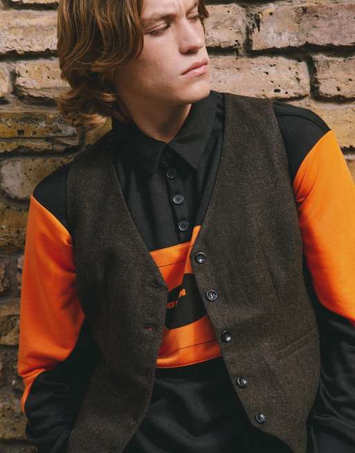 Labelrail x Notion – Brun fiskbensmönstrad kostymväst i tweed och unisex-modell