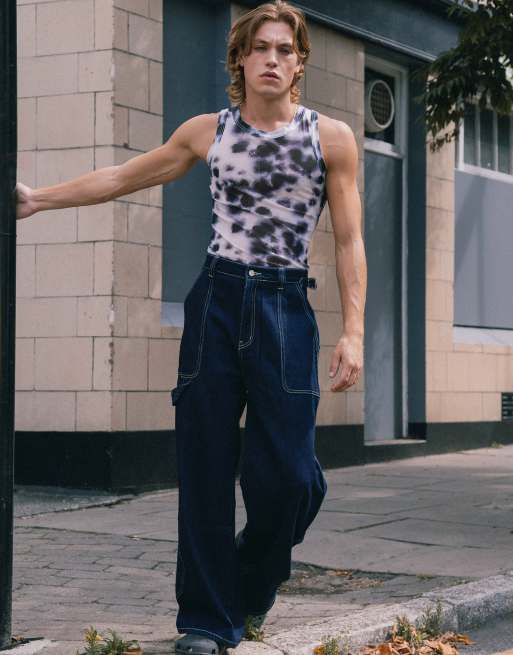 Labelrail x Notion - Jeans blu indaco unisex con cuciture a contrasto in coordinato