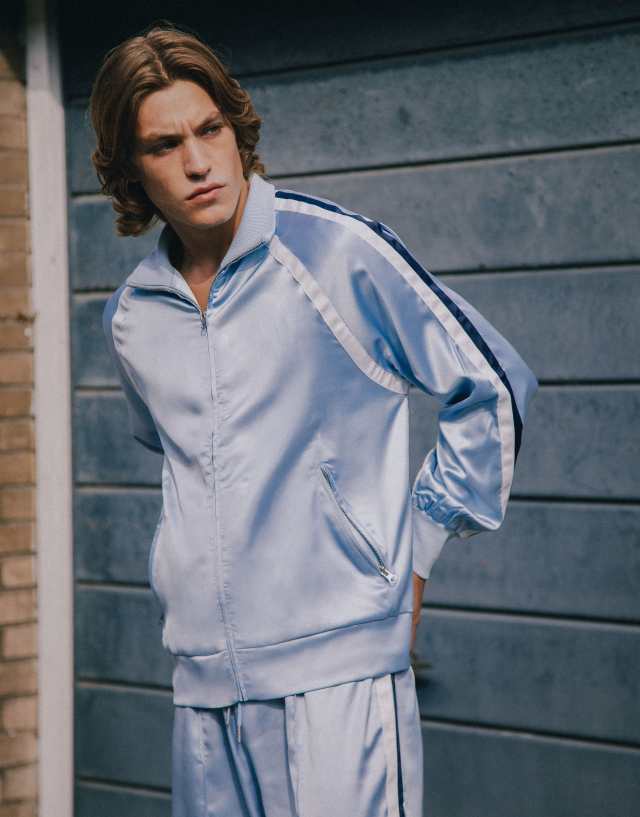 Labelrail x Notion side stripe satin track top in ice blue - part of a set