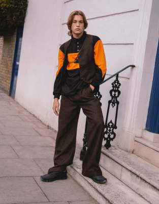 Labelrail x Notion unisex herringbone tweed wide leg pants in brown - ASOS Price Checker
