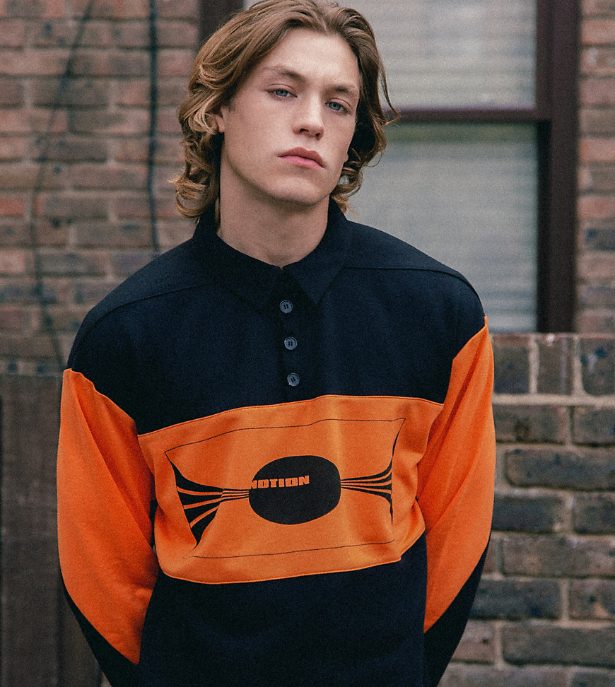 Labelrail x Notion unisex long sleeve polo shirt in black and orange