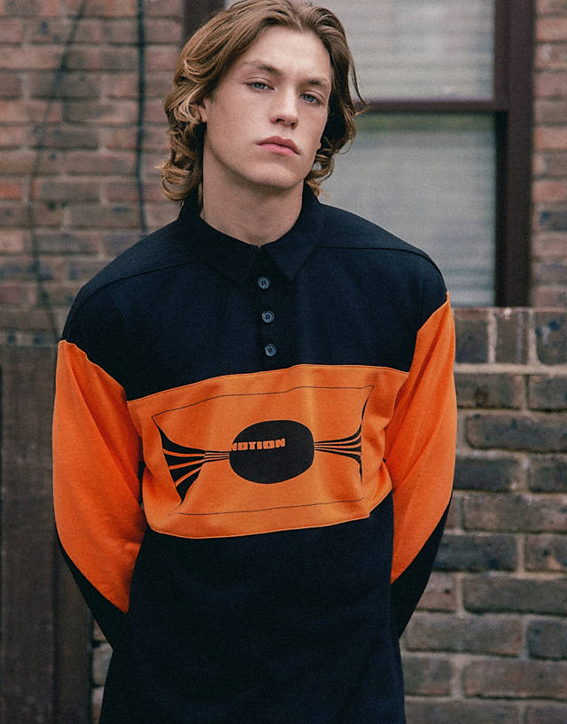 Labelrail - x notion unisex long sleeve polo shirt in black and orange
