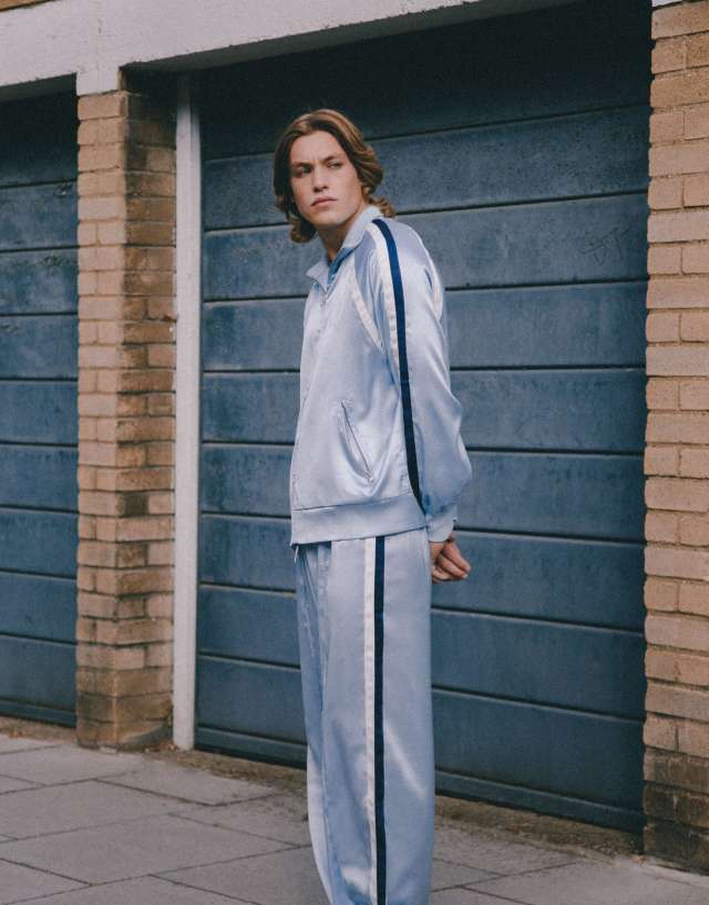 Labelrail x Notion unisex side stripe satin track pants in ice blue - part of a set