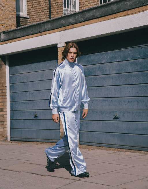 Labelrail x Notion unisex side stripe satin track pants in ice blue - part  of a set