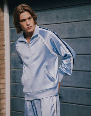 Labelrail x Notion unisex side stripe satin track top co-ord in ice blue