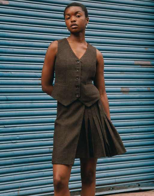 Labelrail x Notion – Unisex – Tweed-Kilt in Braun mit Fischgrätmuster