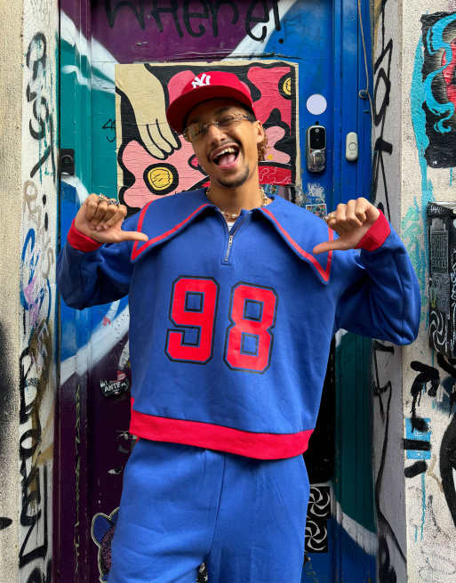 Labelrail x OliBrom dramatic collar quarter zip sweatshirt in blue and red (part of a set)