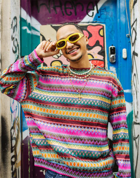 Labelrail x OliBrom fairisle textured knit jumper in multi stripe - view 1