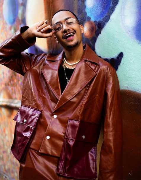 Labelrail x OliBrom faux leather crop jacket with contrast dramatic pockets in tobacco co-ord - view 1