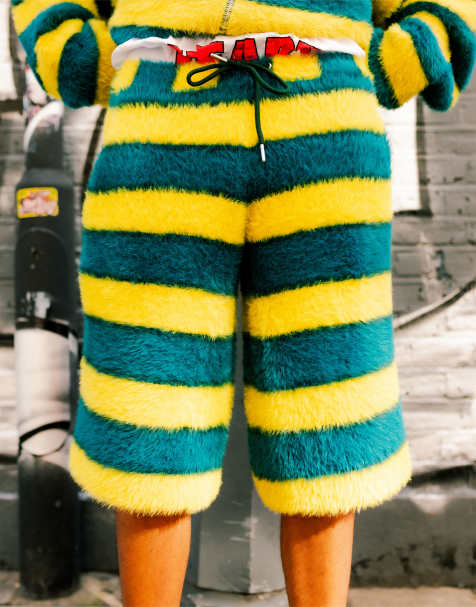 Labelrail x OliBrom fluffy longline shorts in yellow and green stripe co-ord - view 1