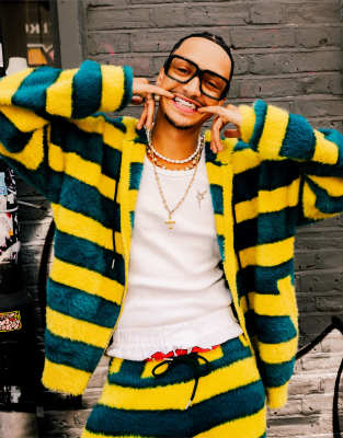 Labelrail x OliBrom fluffy zip up hoodie in yellow and green stripe co-ord-Multi