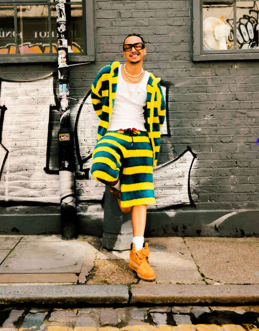 Labelrail x OliBrom fluffy zip up hoodie in yellow and green stripe co ord