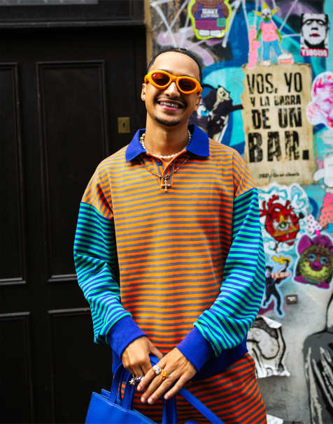 Labelrail x OliBrom oversized rugby polo shirt in orange and green contrast stripe (part of a set) - view 1
