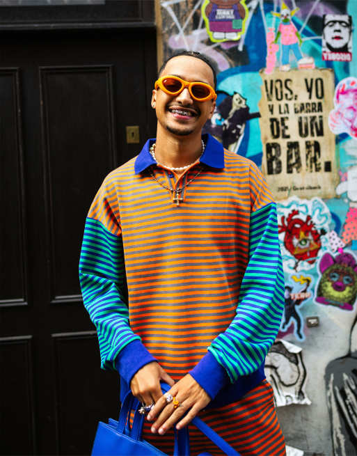 Labelrail x OliBrom oversized rugby polo shirt in orange and green contrast stripe (part of a set)