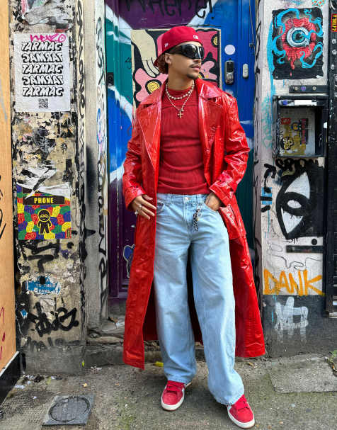 Labelrail x OliBrom PU longline coat in bright red - view 1