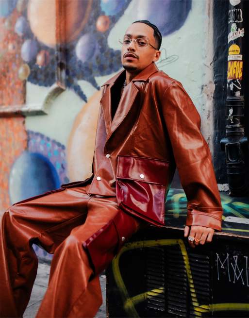 Labelrail x OliBrom straight leg baggy pants with contrast pockets in tobacco - part of a set