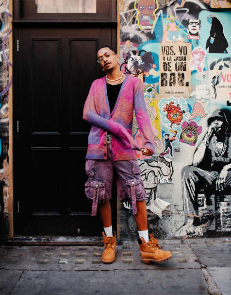Labelrail x OliBrom v neck zig zag longline cardigan in pink and purple multi - view 1