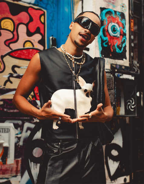 Labelrail x OliBrom zip up faux leather waistcoat with dog graphic in black - view 1