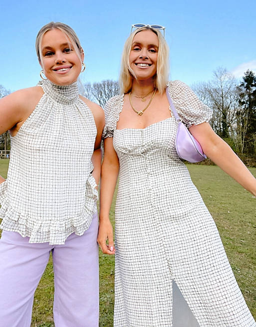 Labelrail x Olivia & Alice b - Midi jurk met knopen en pofmouwen in kleine ruiten