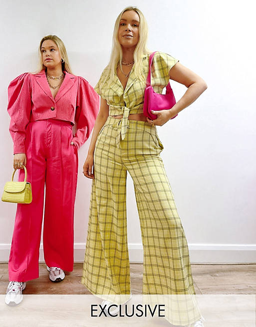 Labelrail x Olivia & Alice belted wide leg trousers in grid check co-ord