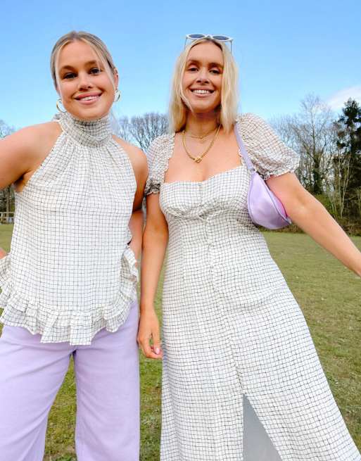 Labelrail x Olivia & Alice button-front midi dress with puffed sleeves in mini grid check