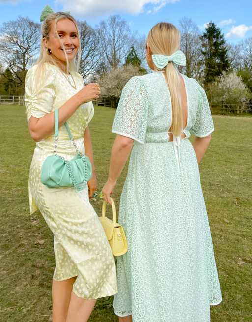 Labelrail x Olivia & Alice embroidered mesh midi smock dress in mint