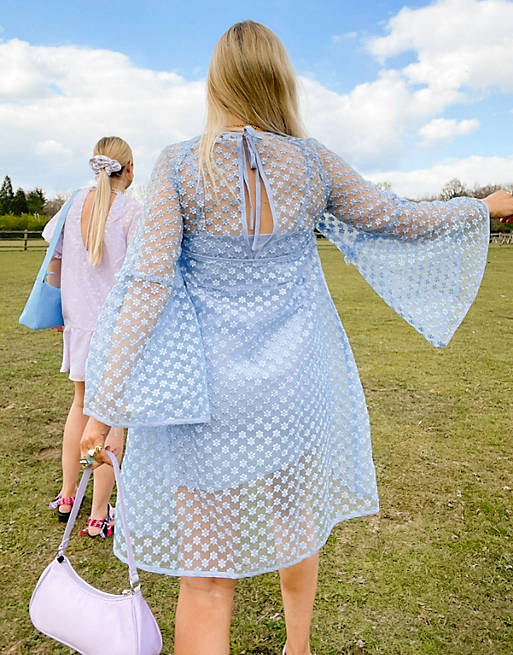 Dresses Labelrail x Olivia & Alice embroidered organza sleeve detail mini dress in blue 