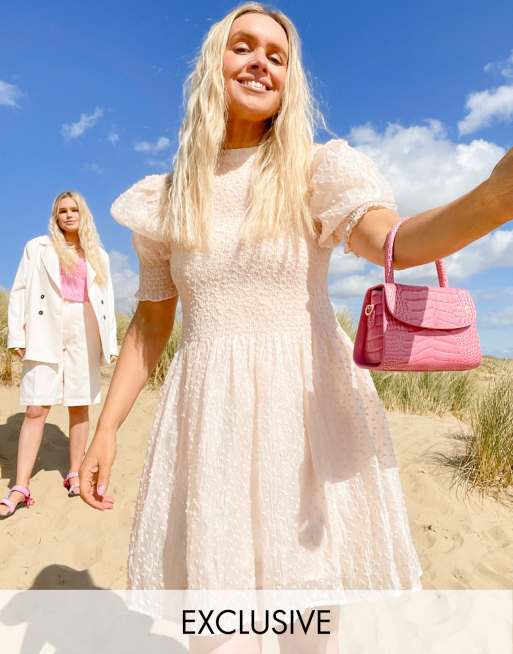 Labelrail X Olivia & Alice – Gesmoktes Minikleid mit Puffärmeln und elastischem Oberteil aus strukturiertem Organza