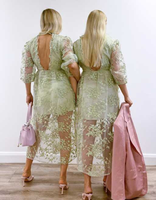 Labelrail – x Olivia & Alice – Grön midaxiklänning med blommigt broderi, 2 av 4