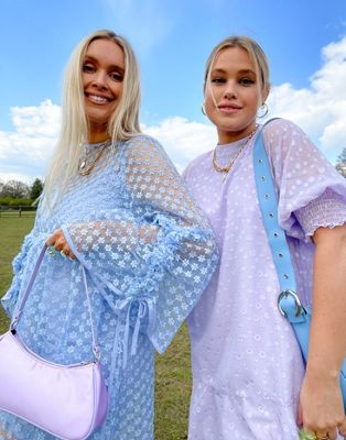 Robes casual Labelrail x Olivia & Alice - Robe courte à manches fantaisie en organza brodé - Bleu