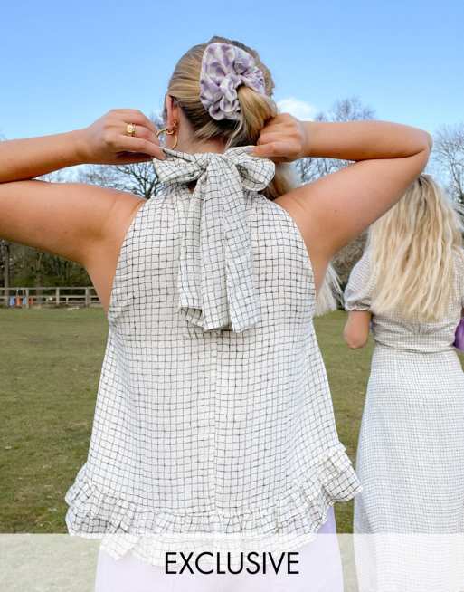 Labelrail x Olivia & Alice – Top z dekoltem typu halter, dużym wiązaniem i wzorem w drobną kratę