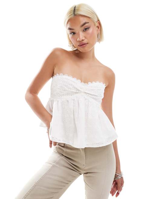 Labelrail x Olivia Grace Herring - Aangerimpelde bandeau-top met broderie in wit