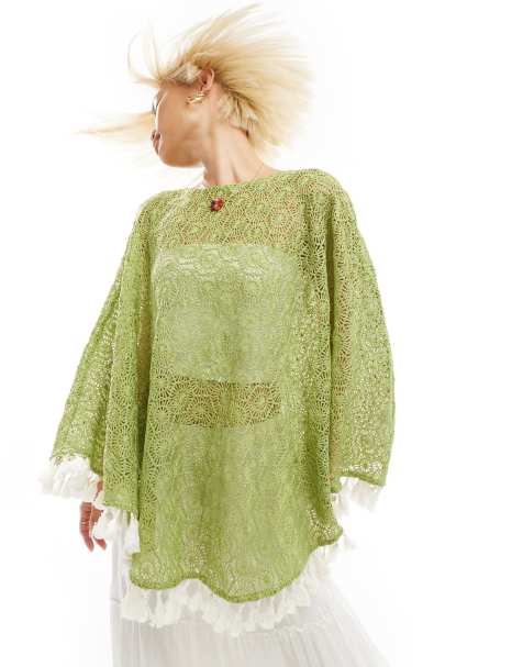Labelrail x Olivia Grace Herring crochet tassle poncho in green - view 1