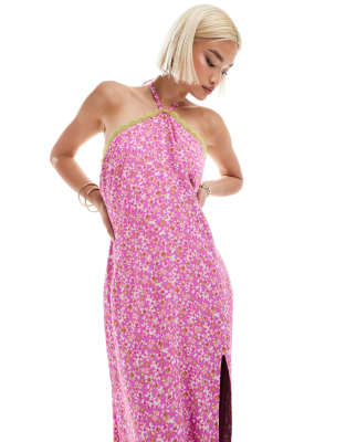 Labelrail Labelrail x Olivia Grace Herring ditsy floral split hem maxi halter dress in pink