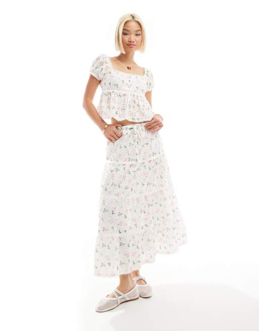 Labelrail x Olivia Grace Herring - Maxi rok met stroken en fijne bloemenprint in wit