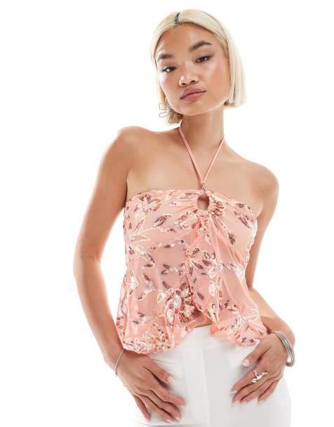 Labelrail x Olivia Grace Herring sequin mesh halter top in peachy pink - view 1