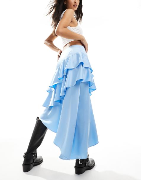 Labelrail x Olivia Grace Herring tiered satin midi skirt in blue - view 1