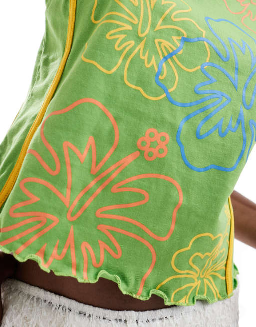 Labelrail x Olivia Grace Herring - Topje met hibiscusprint in groen en oranje, 2 van 4