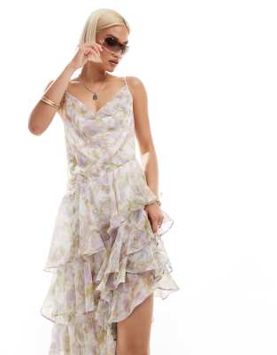Labelrail x Olivia Grace Herring - Vestito midi con stampa floreale multicolore effetto acquerello e volant