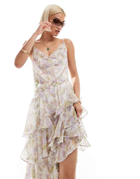 Labelrail x Olivia Grace Herring watercolour floral ruffle midi dress in multi - view 1