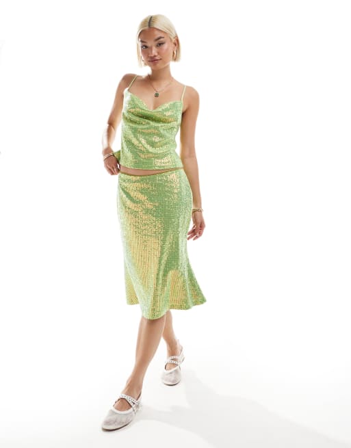 Labelrail x Olivia Grace Herring - Zwierige midi rok tot op de knie met lovertjes in groen, deel van co-ord set