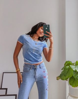 Labelrail x Pose and Repeat baby ringer tee with diamante butterfly in blue velvet - ASOS Price Checker