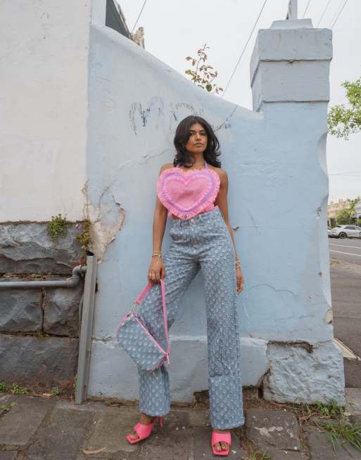 Labelrail x Pose and Repeat mini shoulder bag in glitter denim with pink  strap