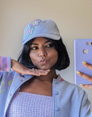 Labelrail x Pose and Repeat baseball cap in baby blue cord with cute embroidery