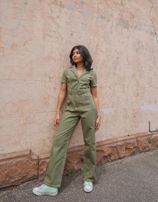 Labelrail x Pose and Repeat belted boiler suit in forest green with pink contrast stitch - ASOS Price Checker