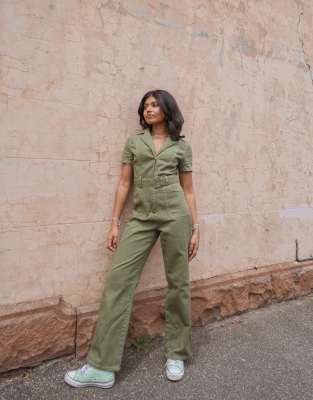 Labelrail X Pose And Repeat Belted Boiler Suit In Forest Green With Pink Contrast Stitch