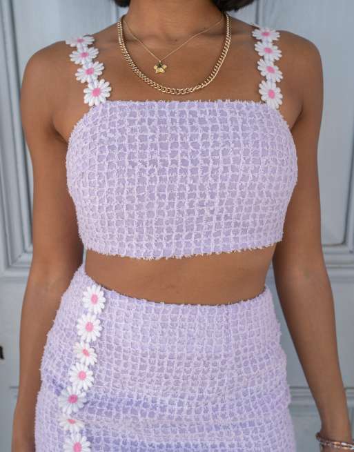 Labelrail x Pose and Repeat cami crop top in lilac texture with flower straps co-ord